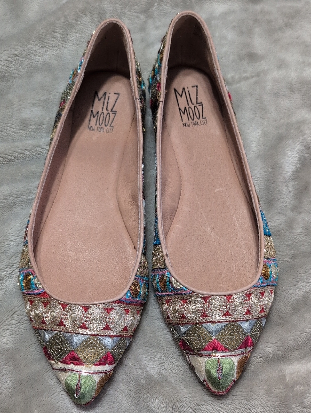 Miz Mooz Pointed-Toe Embroidered Flats in Pink and Multi Size 38.5/8 NWOB
